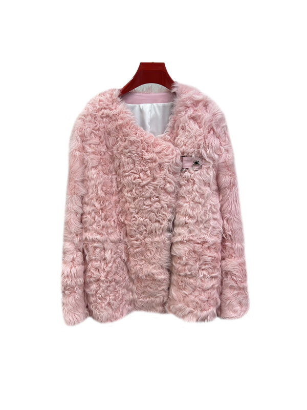 Abrigo de piel con cuello redondo, abrigo corto holgado con diseño de botones, cálido y cómodo, novedad de invierno 2023, 1229