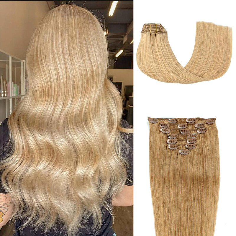Straight Clip in Hair Extensions Human Hair 8PCS/Set with 17Clips Double Weft Clip in Human Hair Extensions Honey Blonde 27#