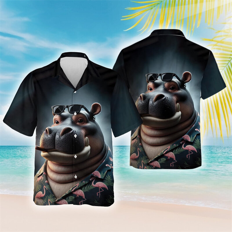 재미있는 하마 3D 프린트 비치 셔츠, 귀여운 동물 셔츠, 남성 의류, 힙합 남성 반팔 블라우스, 하마 여성 상의