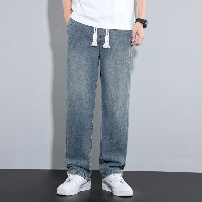 Тонкие мягкие прямые джинсы для мужчин, новые свободные Модные Винтажные мешковатые брюки, синие, зеленые, ледяные шелковые уличные мужские джинсовые брюки