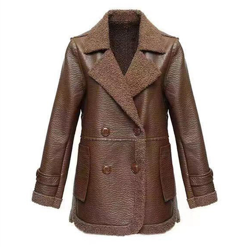 Jaqueta de couro curta feminina, casaco solto com gola, cor pura, outerwear grosso, sobretudo de bolso, moda feminina, outono, inverno, novo