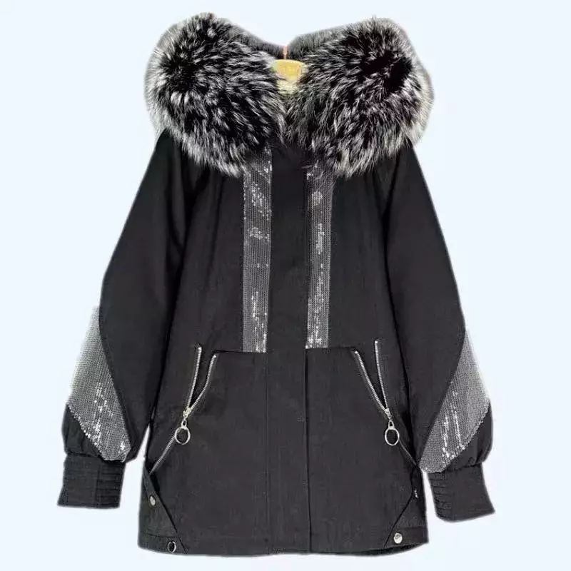 Новинка 2024, Роскошная большая куртка с воротником из натурального меха енота, Женское пальто со съемной подкладкой, женская зимняя теплая ветрозащитная парка, верхняя одежда