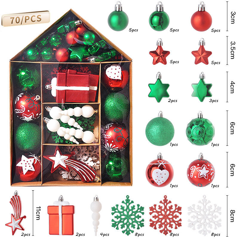Christmas Tree Hanging Balls Pendant Set, Conjuntos de casa multicoloridos, Home Party Decor, Xmas Tree DIY Ornamentos, 70pcs