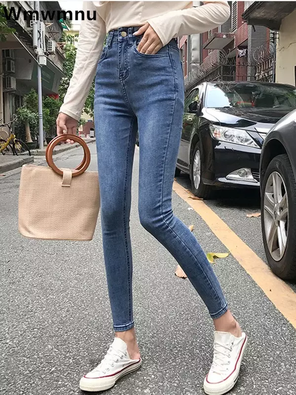 Calça jeans lápis de cintura alta feminina, streetwear coreana, calça skinny, legging stretch, tamanho grande 25-34, nova