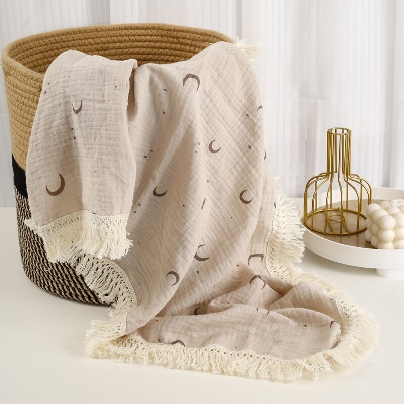 M76C дышащее муслиновое одеяло для детской коляски, хлопковая детская накидка, дышащее одеяло с кисточками по краю для младенцев