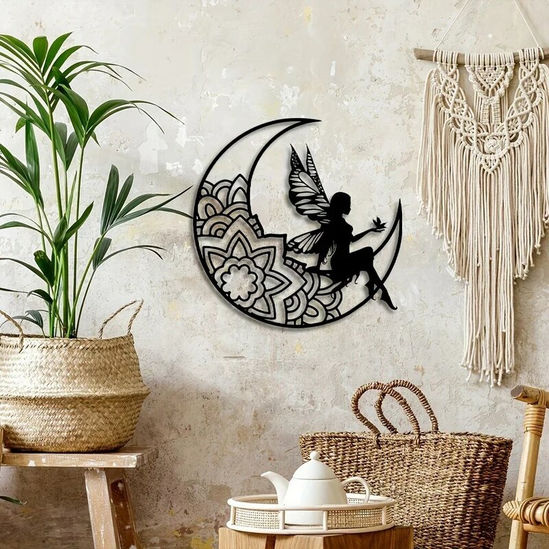 Plak tanda logam peri bulan 3D, seni dinding logam peri, siluet logam berongga untuk dekorasi ruangan luar ruangan rumah, dekorasi lucu
