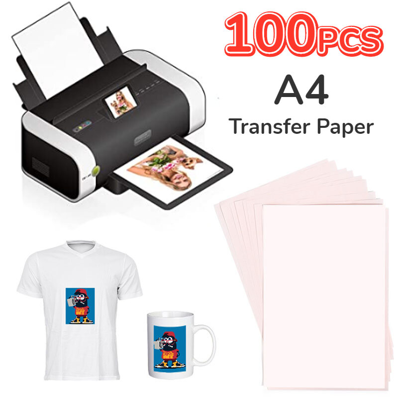 Papel de transferencia térmica a prueba de agua, papel A4 para impresión de inyección de tinta artesanal para camisetas, tela, patrón de taza, 100 piezas