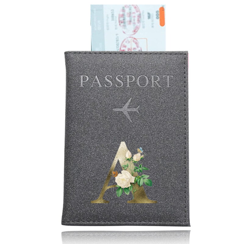 PU pemegang paspor uniseks, dompet tempat kartu perjalanan ke sampul paspor seri bunga emas motif UV warna abu-abu untuk pria