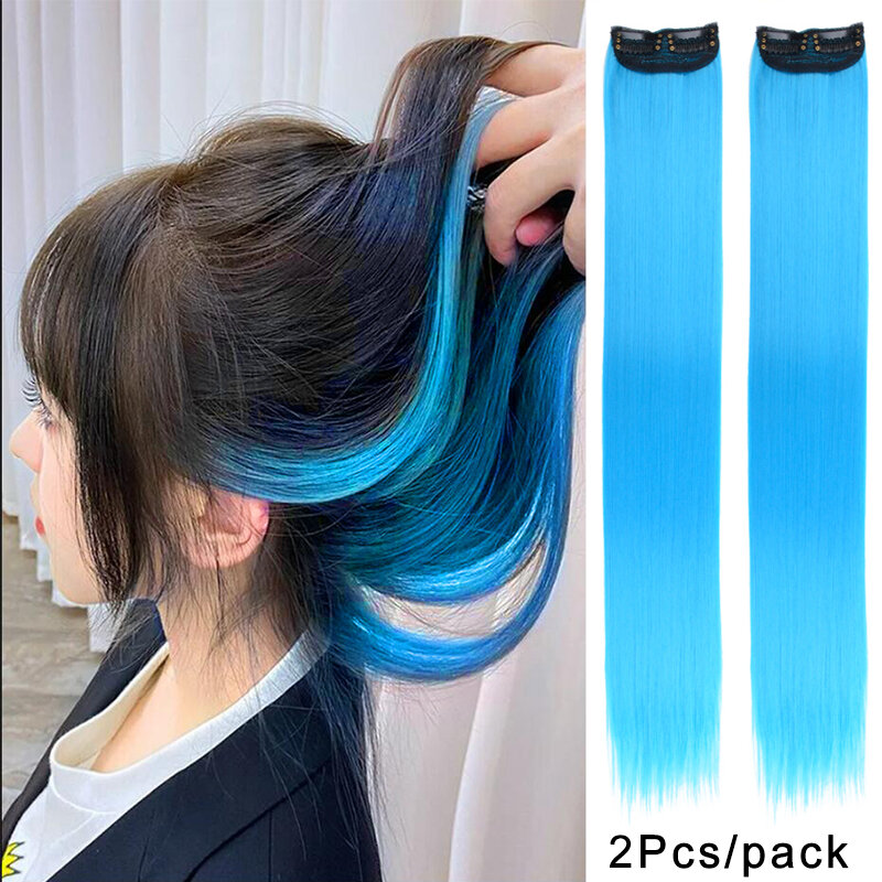 2PCS Colored Blue Hair Extensions Straight Clip in Hair Extensions Colorful 22 Inch Rainbow Highlights Hairpieces for Kids Gifts