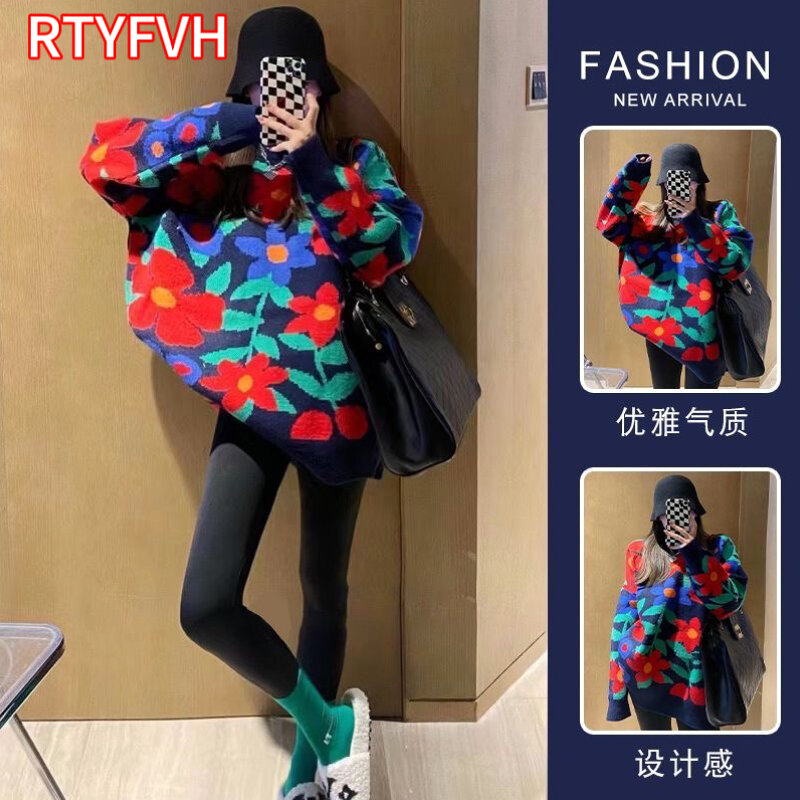 2024 koreanische Mode neue große Blume Stickerei Pullover Frauen o Hals lose gestrickte Pullover übergroße Pullover Femme y2k Pullover