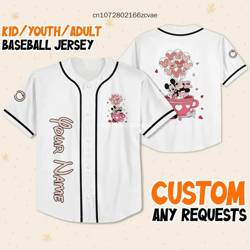 Homens e Mulheres Disney Mickey e Minnie Cup Valentine Baseball Jersey, Nome personalizado grátis, Moda casual, Camisas da rua