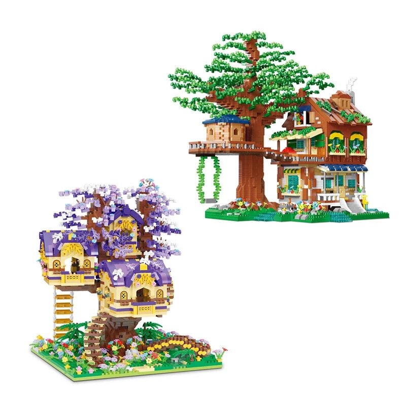 Nieuwe Boom Huis Diy Paars Fairy Tree House Modulaire Bouwstenen Sakura Dorp Stad Street View Bricks Kinderen Speelgoed Verjaardag