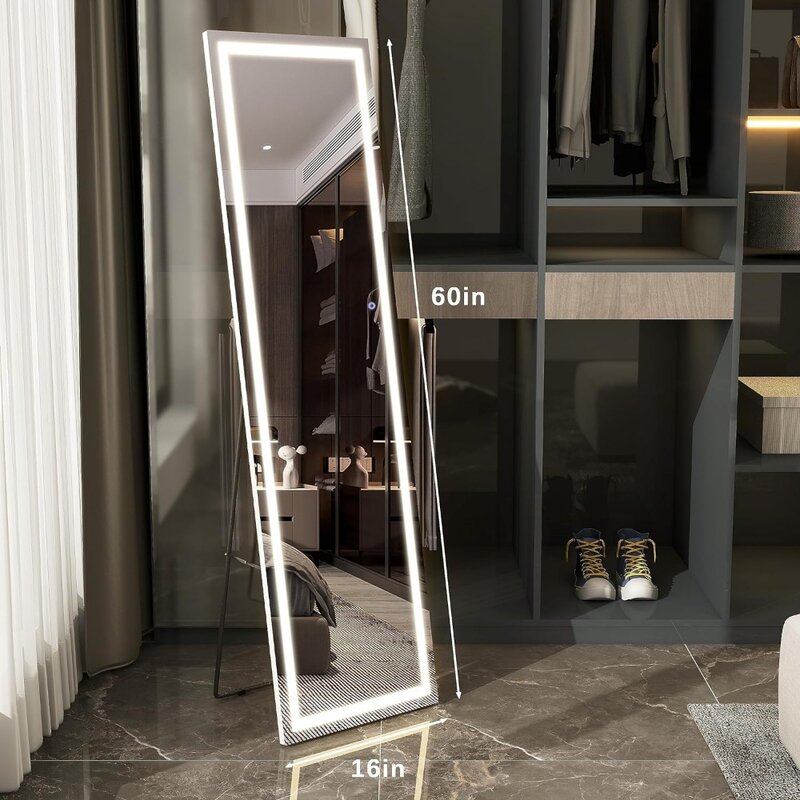 Espejo de longitud completa, espejos LED de pie, espejo colgante montado en la pared, con atenuación y 3 modos de Color, blanco