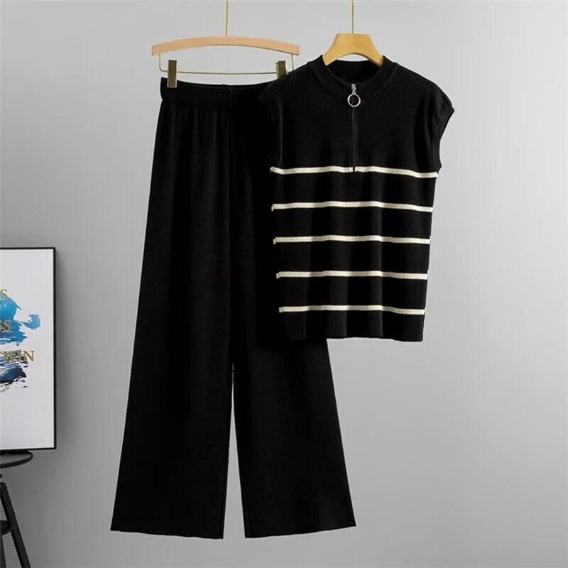 Fashion Half Zipper Knit Conjuntos Stripe Sleeve Pullover Tops + High Waist Wide Pants Outfit Summer Casual Knitted 2-częściowe zestawy