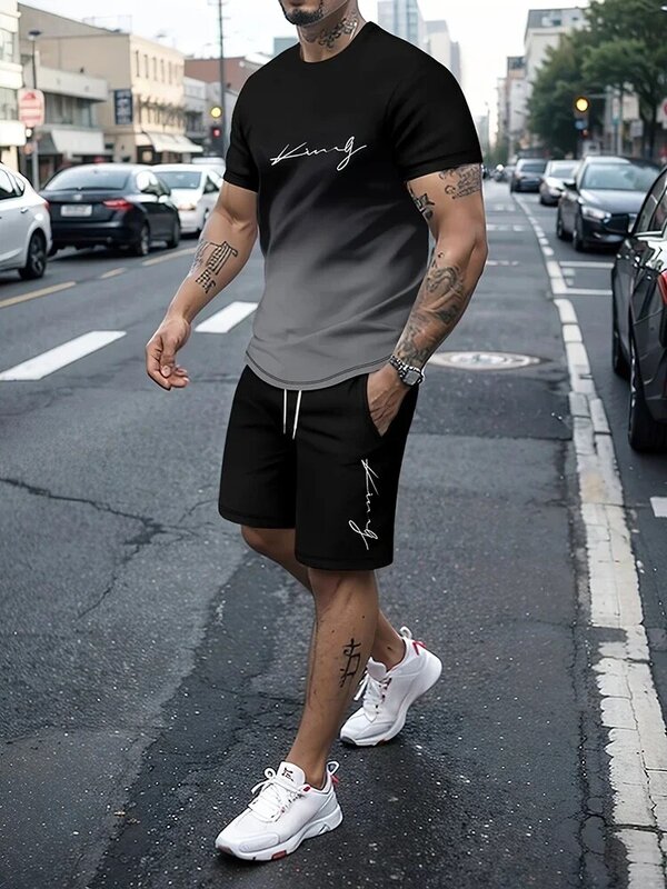 2024 New Summer Men's Casual Suit Street Fashion Loose and Comfortable T-Shirt Outdoor Sports Running Shorts Novel Text Printing