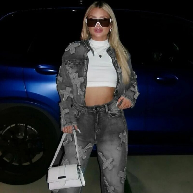 FAGADOER Fashion Y2K Streetwear donna Denim stampa cerniera manica lunga Top e jeans dritti due pezzi completi donna 2 pezzi