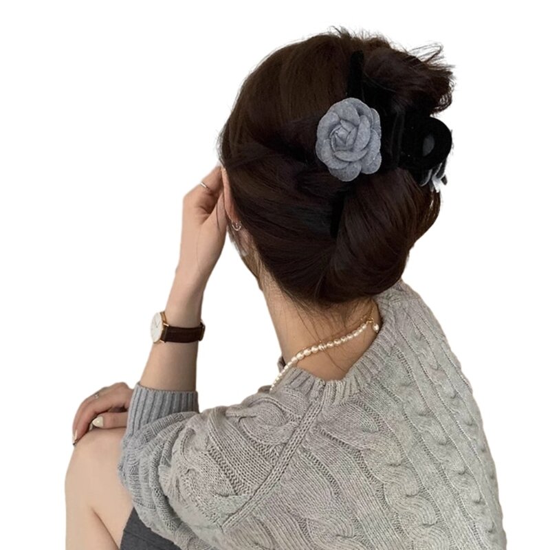 Elegante flocado flor garra cola caballo compras pinza para decoración del cabello femenino
