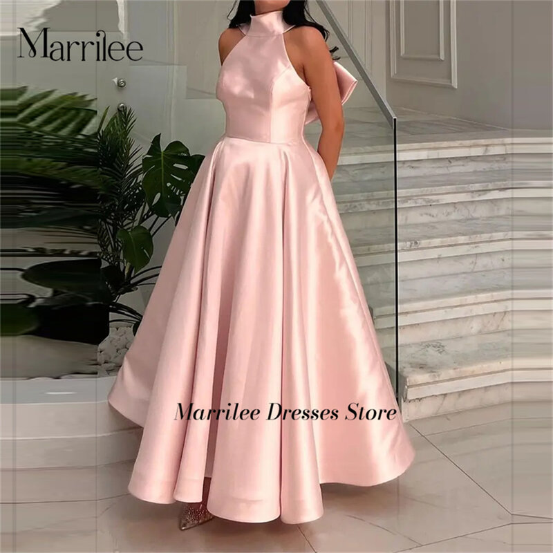 Deback Lee-Robe de soirée rose princesse à col haut et grand nœud, robe de Rhplissée, robe élégante, ligne A, longueur au sol en fibre, quelle que soit la robe, 2024