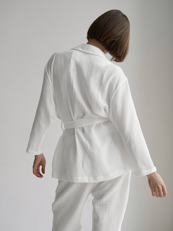 Marthaqiqi-Conjunto de pijama de algodón con cuello vuelto para mujer, ropa de dormir de manga larga con cordones, pantalones informales