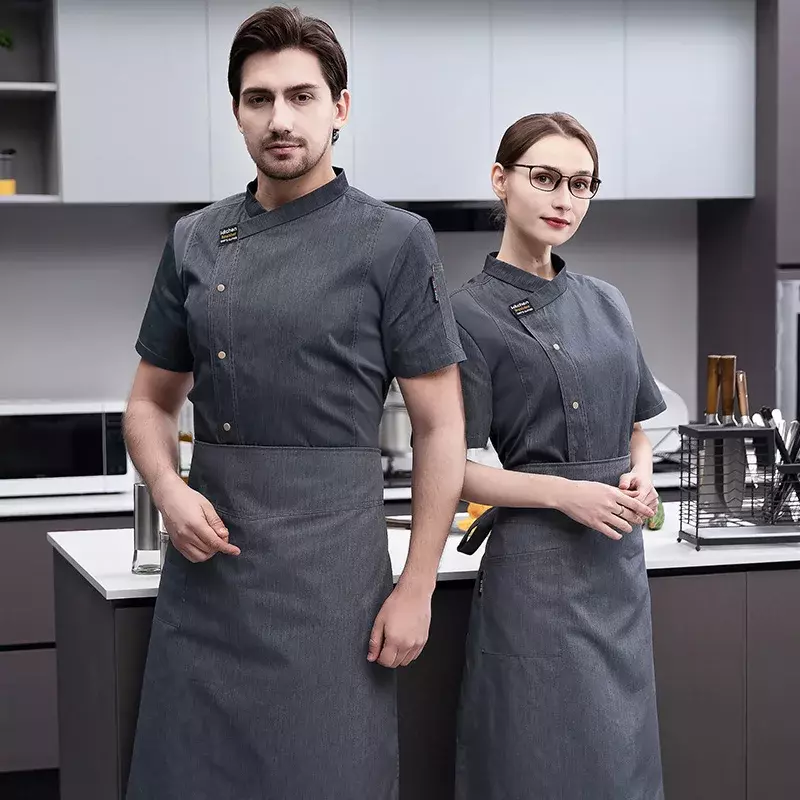 Płaszcz niestandardowe letnie logo cateringowe stroje z rękawami restauracja praca w kuchni kucharz szef kuchni kobiety kurtka ubrania kapelusz krótki