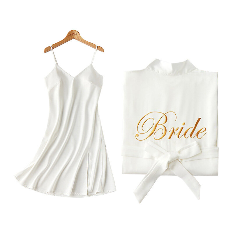 Women Bride Sleepwear Robe Set Embroider Letter Wedding Dress Kimono Bathrobe 2Pcs Rayon Intimate Lingerie Spaghetti Strap