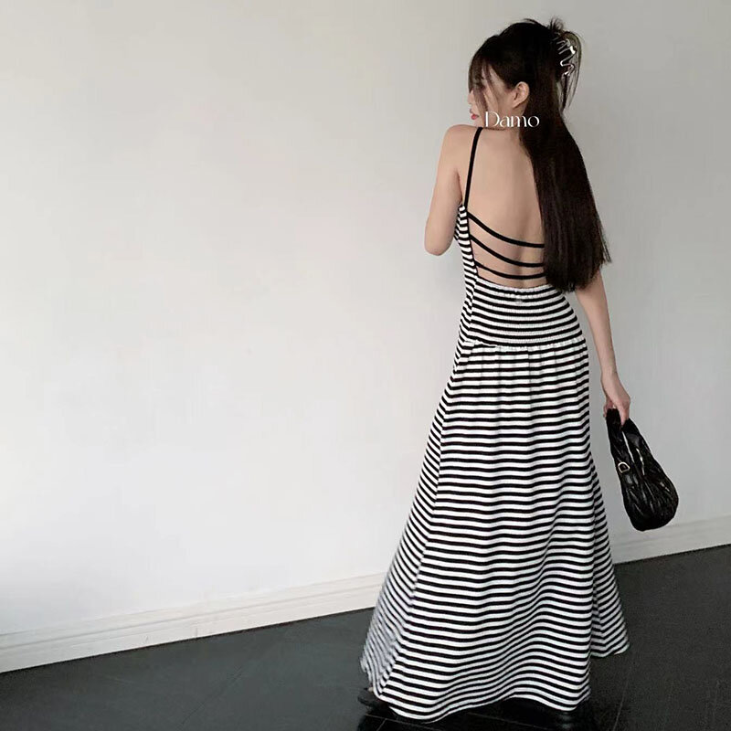 Vestido Stripe Cami Feminino Suspender, Vestido Linha A, Sem mangas, Sexy, Sem costas, Harajuku, Coreano, Praia, Férias, Casual, Verão