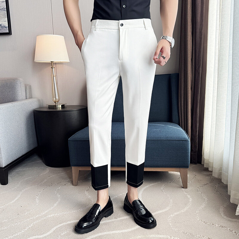 เสื้อผ้าผู้ชาย celana setelan เข้ารูปสไตล์เกาหลีชุดทางการเย็บปะติดขนาด38ฤดูร้อนแฟชั่นคร็อปแพนท์ใส่ทำงานแบบทางการ