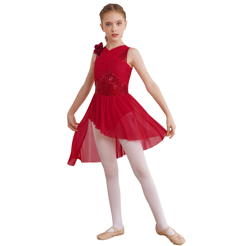 Kids Girls Shiny Sequins Lyrical Dance Dress Sheer Mesh Sleeveless Asymmetrical Skirted Leotard Dress with Removable Flower 2024
