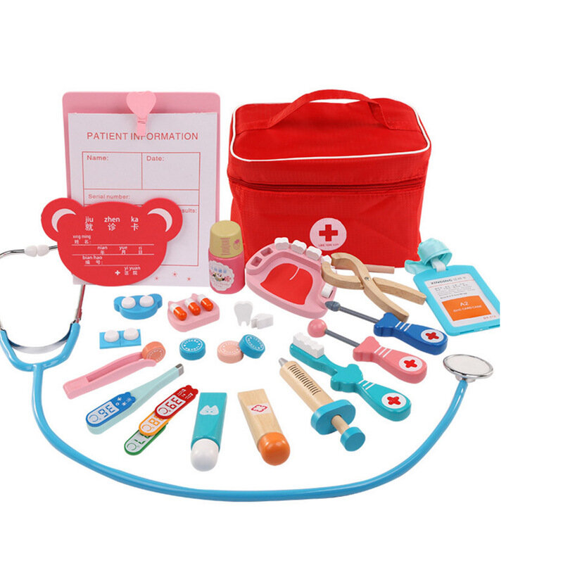 Doctor Toys for Children Set bambini in legno finta gioca Kit giochi per ragazze ragazzi dentista medico rosso scatola di medicina borse di stoffa