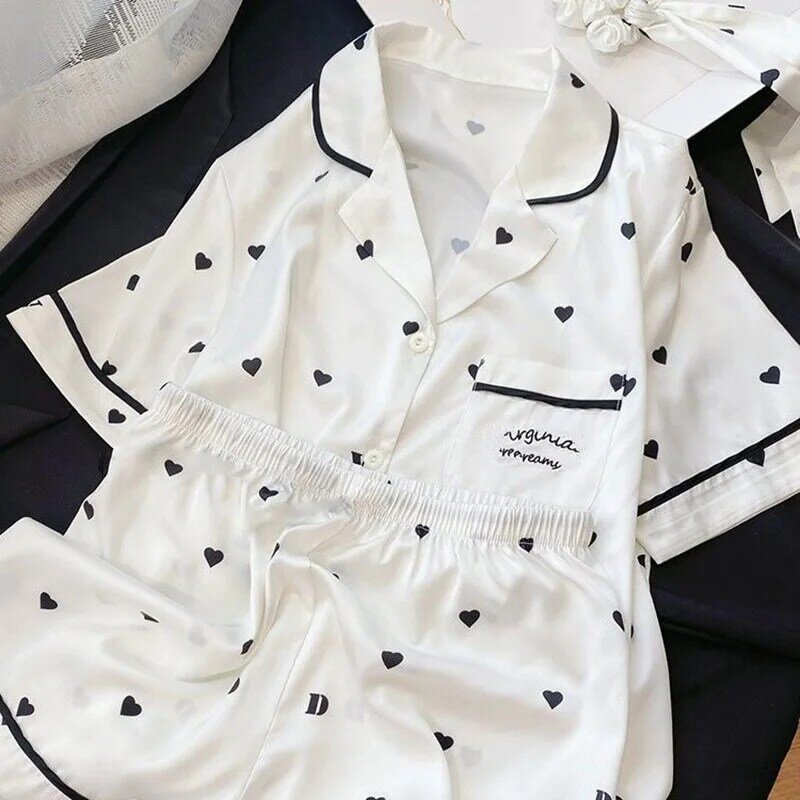 Women Pajamas Sets Summer 2 Piece Heart Print Pyjama Faux Silk Satin Buttons Sleepwear Short Sleeve Pijama Mujer Pjs Homewear