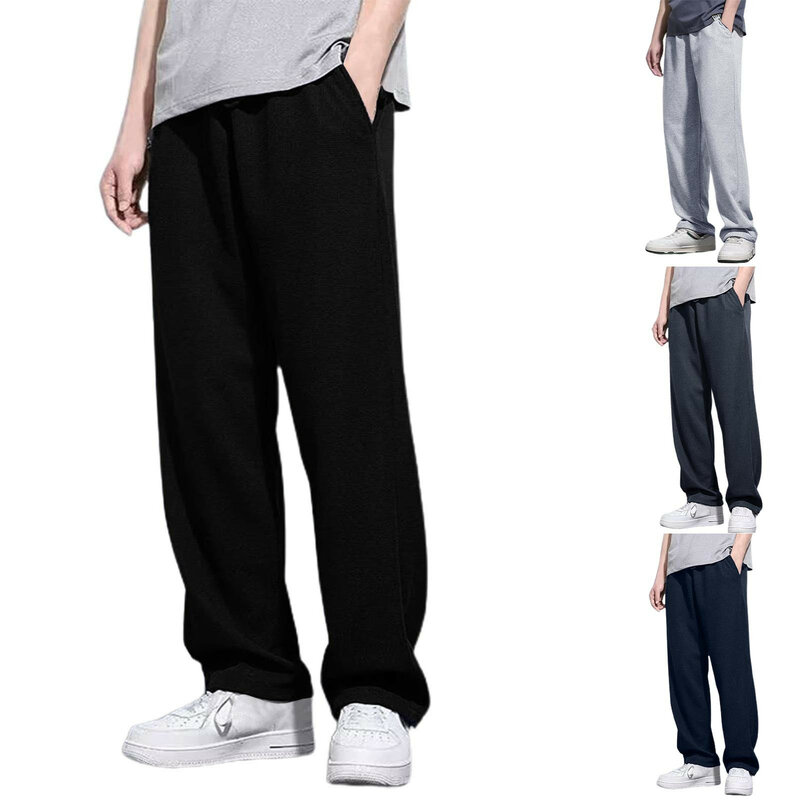 Calça de jogging masculina solta de fundo reto, cintura elástica, calça de cor sólida, bolso reto, casual