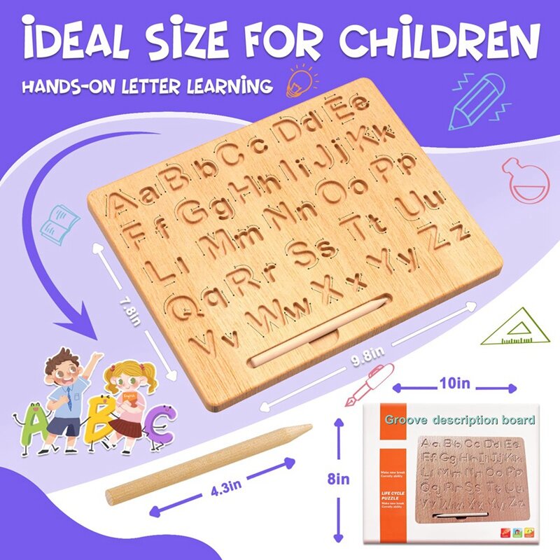 Tablero de práctica de letras de madera, herramienta de trazado del alfabeto de doble cara, juego educativo de aprendizaje de escritura, habilidad motora fina duradera