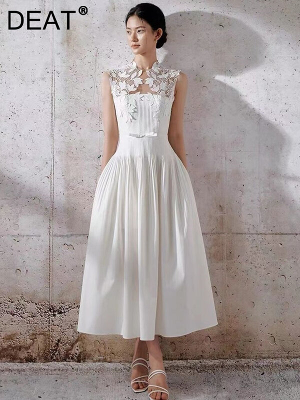 DEAT Elegant Dress Embroidery White Lace Waist Up Sleeveless Flowers Pleated Women Evening Dress 2024 Spring New Fashion 13DB421