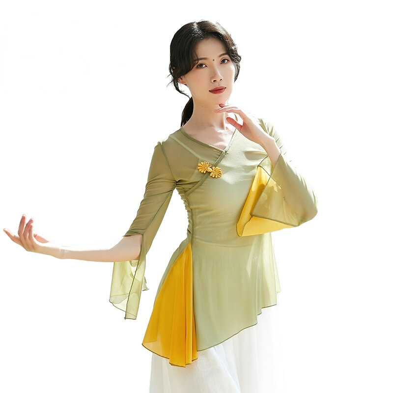 Camisa de baile clásica de gasa con contraste lateral, Blusa de manga larga con cuello en V para práctica de danza folclórica China