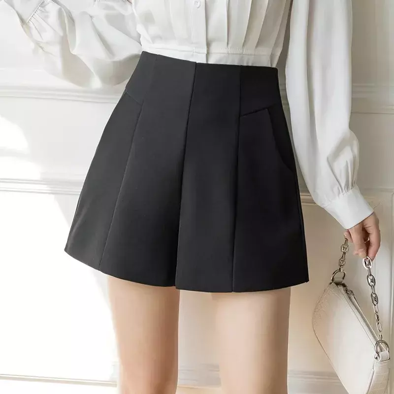 Summer Black Suit Shorts Women Casual High Waist Loose Shorts Office Lady Outwear Suit Shorts Wide Leg A-line Basic Short Pants