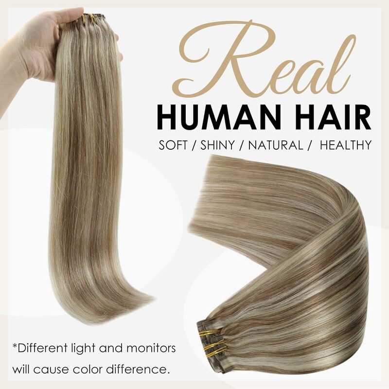 Full Shine Clip em extensões de cabelo, cabelo humano, sem costura, invisível, remy, balayage, cor loira, 120g