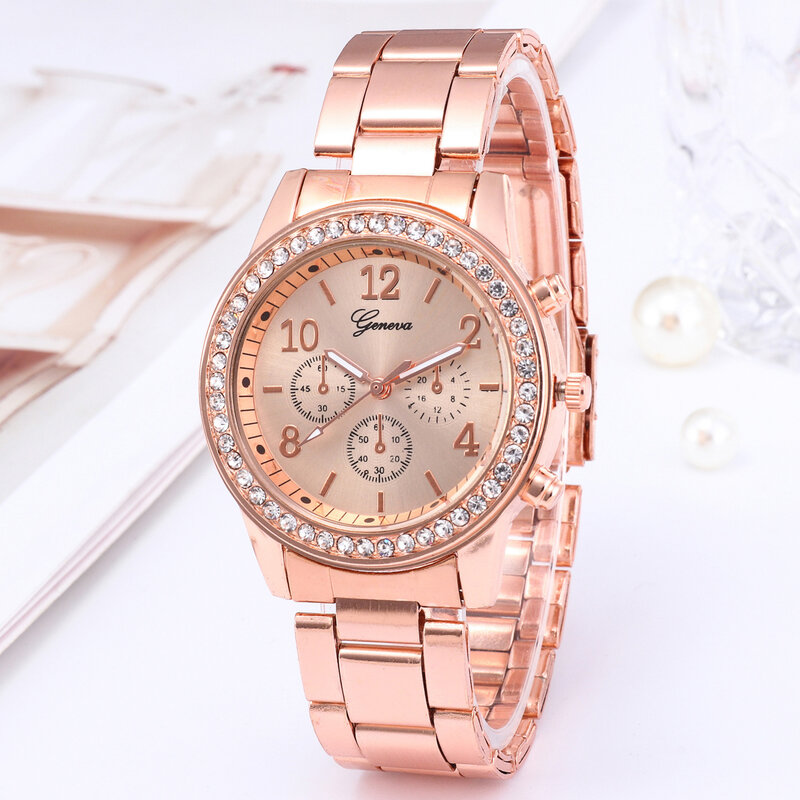 Jam tangan Quartz mewah jam tangan gelang baja tahan karat perak berlian imitasi bulat kasual mode bisnis wanita jam tangan wanita