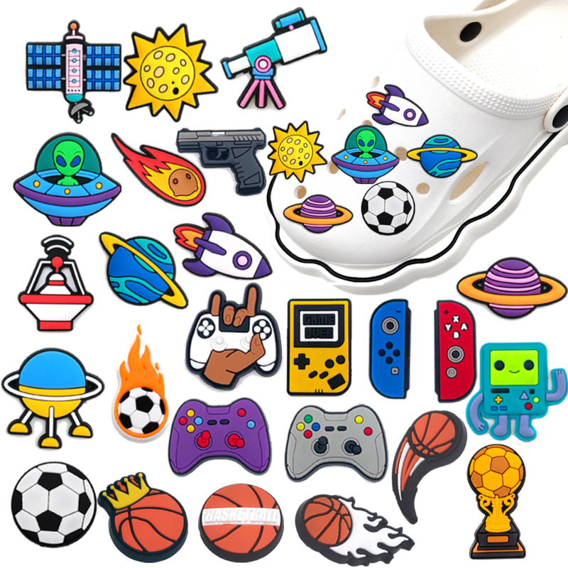 Hot 1Pcs Gamepad Gun Satellite Shoe Charms Rocket Garden Shoe Accessories PVC Sandals Decorations Wristbands Boy Gifts