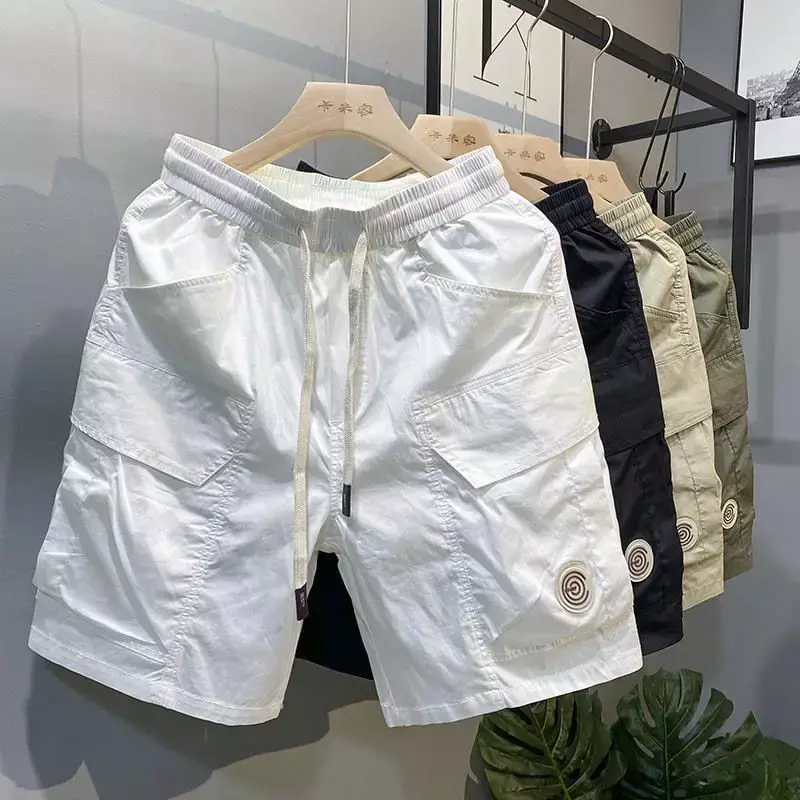 Men's Cargo Shorts with Pockets Khaki Male Short Pants Draw String Embroidery Strech Comfortable Homme New in Casual Hevy Whate