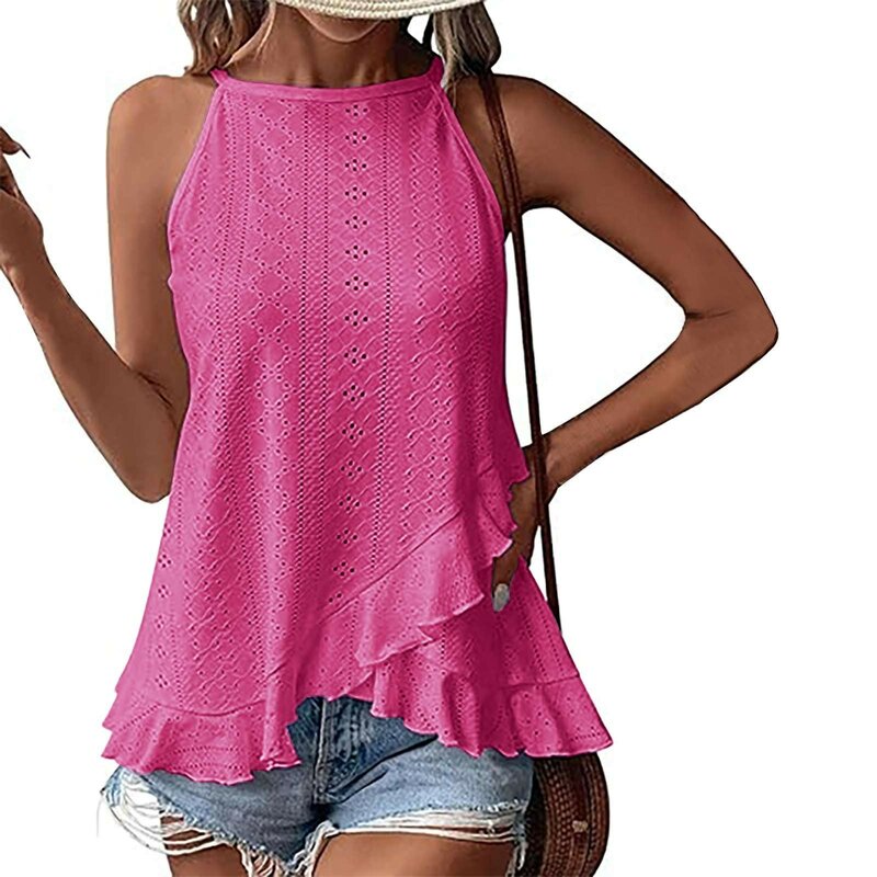 Athletic Tops Women's Sleeveless Top With Eyelet Embroidery And Ruffle Trim Glitter Foam