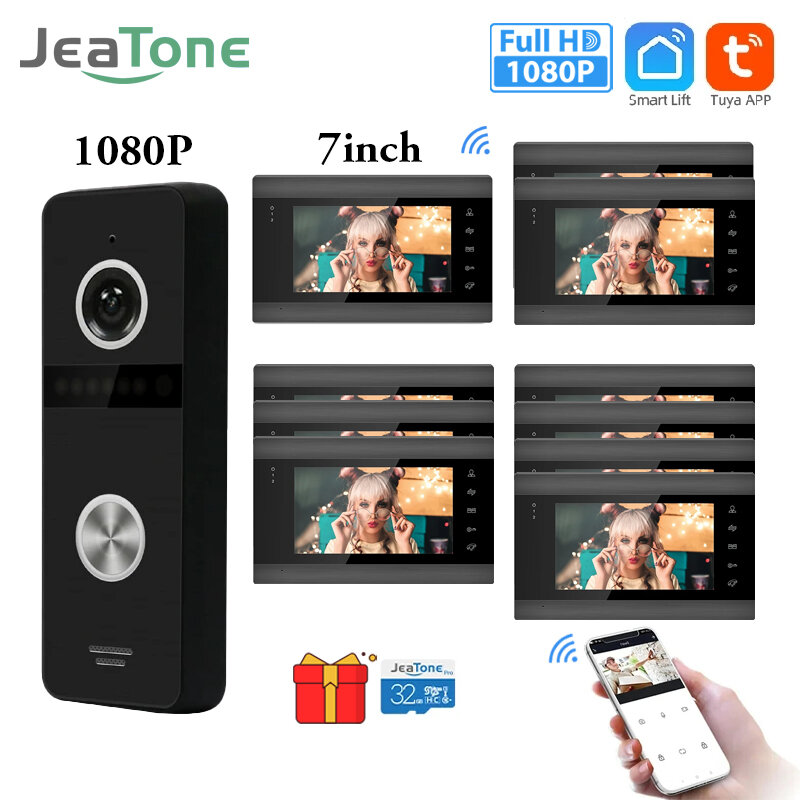 Jeatone 투야 비디오 인터콤 와이파이 초인종 카메라 포함, 가정용 야외 무선 인터폰, 1080P, 7 인치