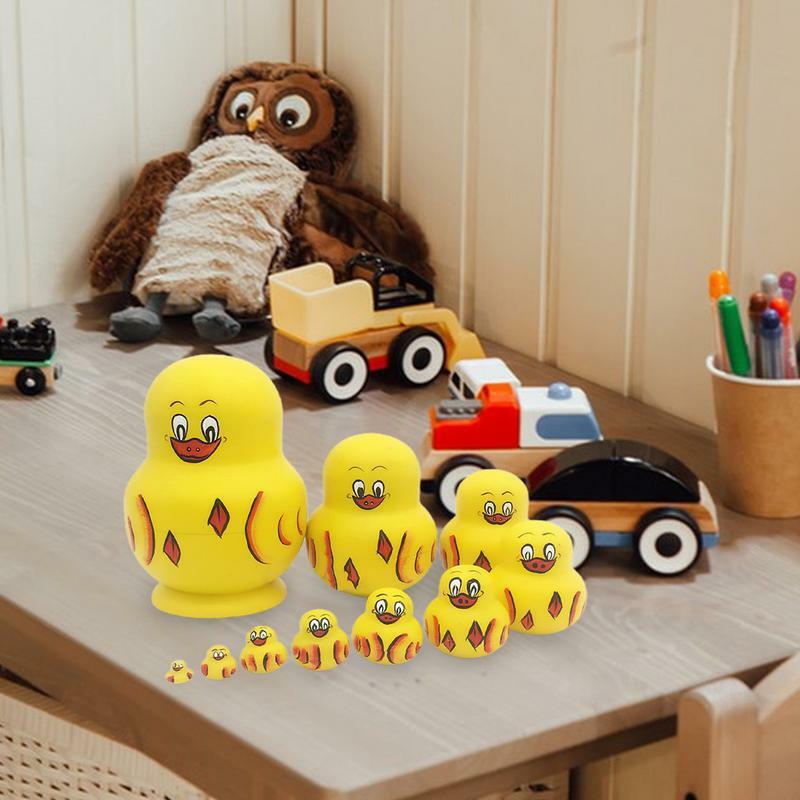 Russo ninho brinquedos boneca conjunto, empilhamento padrão animal, pato, Basswood, presente do dia dos namorados, decoração, 10pcs