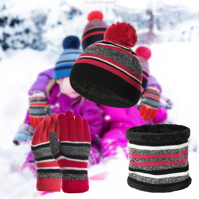 1 Set Knitting Hat Scarf Gloves  Soft   Kids Cap Scarf Gloves Breathable Warm Stripe Cap Scarf Gloves