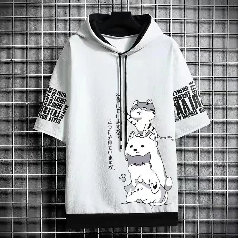 Japan Fashion Heren Hoodies Zomer Heren Kleding Cartoon Casual Harajuku Streetwear Print Capuchon Met Korte Mouwen Sweatshirts Heren