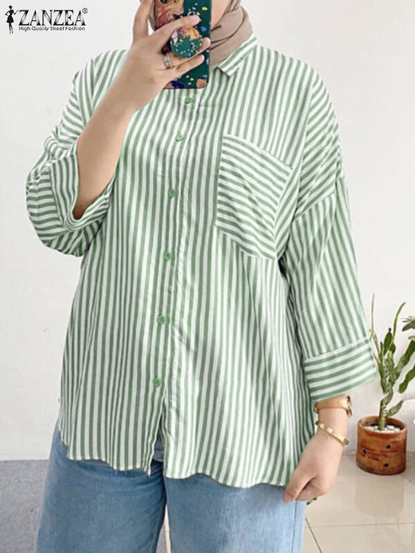 ZANZEA-blusa a rayas para mujer, camisa de manga larga con cuello de solapa, Estilo Vintage informal, Dubai, Turquía, otoño
