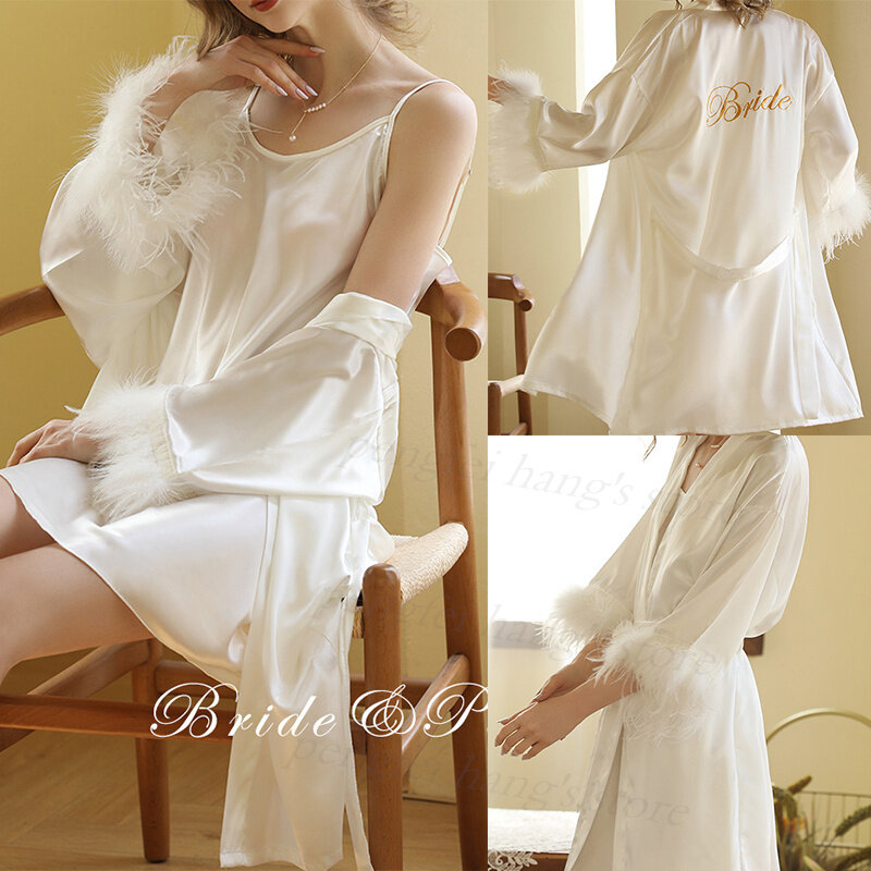 Weiße Feder Robe elegante Kimono Bademantel Kleid Dame Nachtwäsche Rayon Homewear Braut Hochzeits geschenk sexy Stickerei Dessous