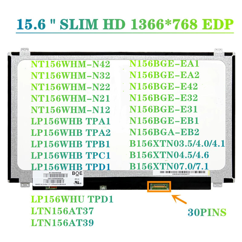 Tela LCD do portátil, 15.6 Polegada, NT156WHM-N42, NT156WHM, N32, N156BGE, EA2, B156XTN07.1, N156BGA-EA2, B156XTN04, 15, 6 Slim, 30 Pin, novo
