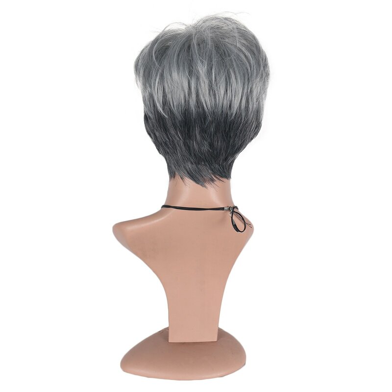 Krótki prosty krój peruki syntetyczne Trend w modzie babci srebrno-szary włos z grzywką dla kobiet częściowa peruka nakrycia głowy