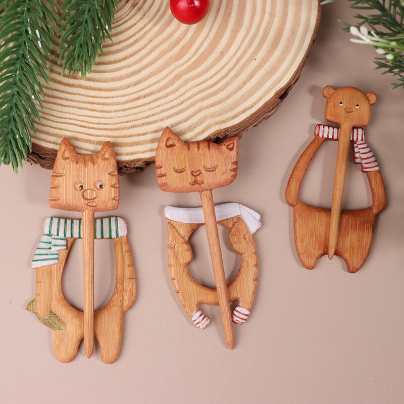 나무 브로치 만화 동물 패턴 DIY 공예 배지, 귀여운 고양이 여우 개 크리스마스 나무 핀 숄 스카프 버클 걸쇠 핀 쥬얼리 선물