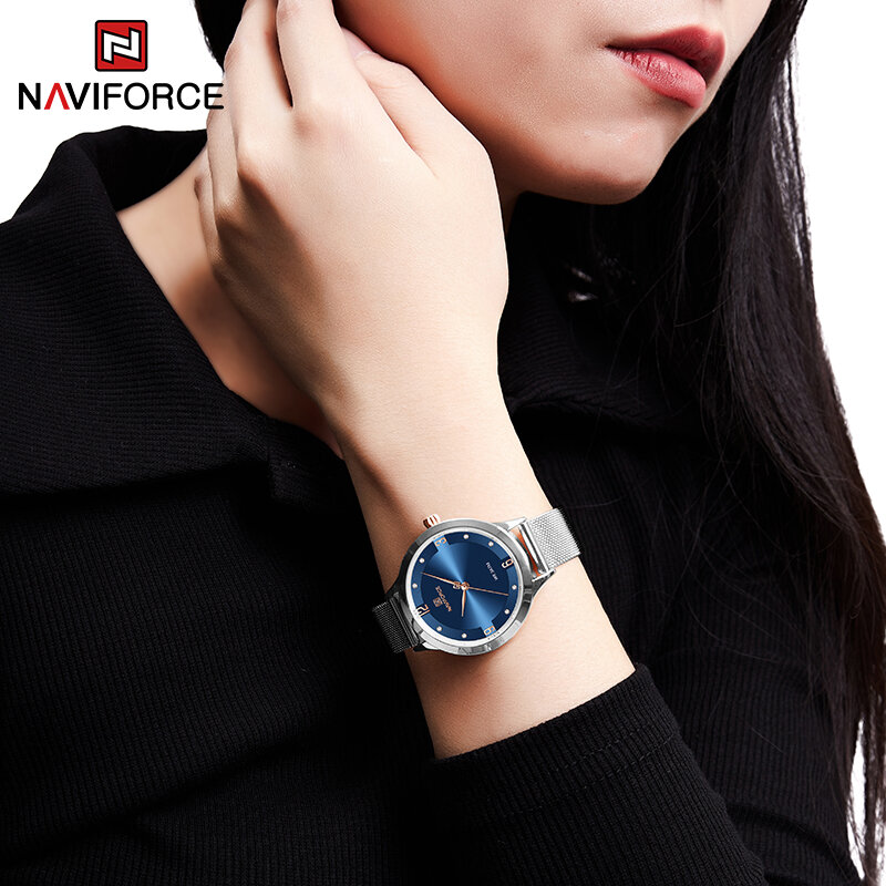 Naviforce relógio de quartzo feminino, pulseira de malha de aço inoxidável, impermeável, azul e prata, alta qualidade, moda